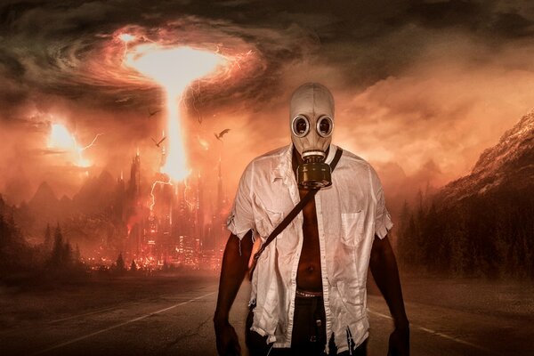 A man in a gas mask on the background of an explosion