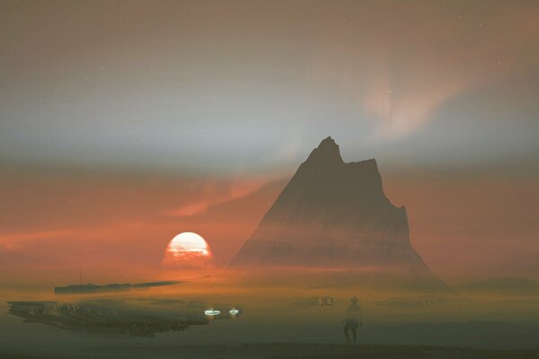 Sunset in smoke on a mountain background