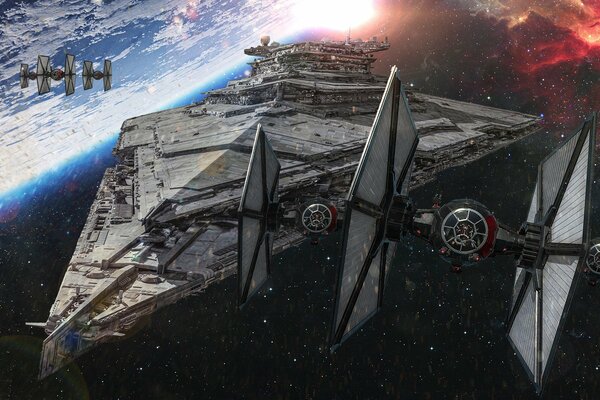 Ein imperialer Zerstörer und mehrere Star Wars-SID-Kämpfer, die vor dem Hintergrund des Planeten im Weltraum fliegen