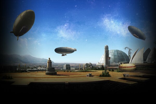 Three airships fly on the city