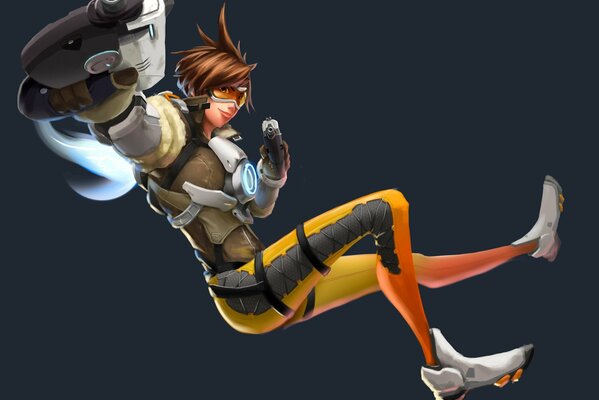 A girl with a fantastic weapon on a gray background