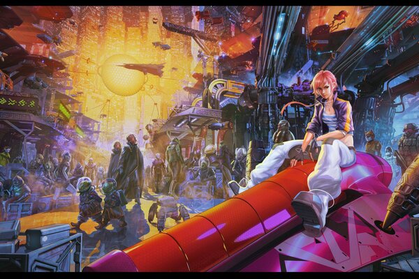 The city of the future in the style of art fantasy with aliens, robots and a girl on a red pipe