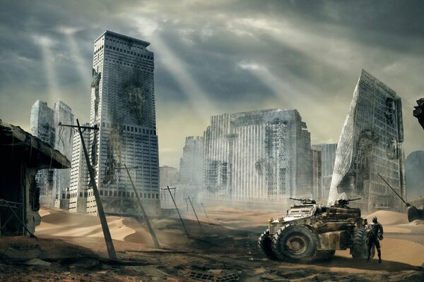 An abandoned city. A car on the background of the post-apocalypse