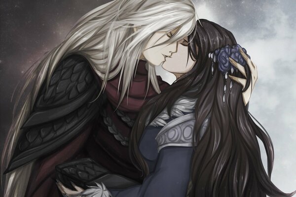 Couple avec de longs cheveux s embrasser