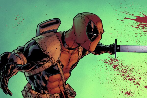 Drawing of Deadpool in a mask with a bloody sword