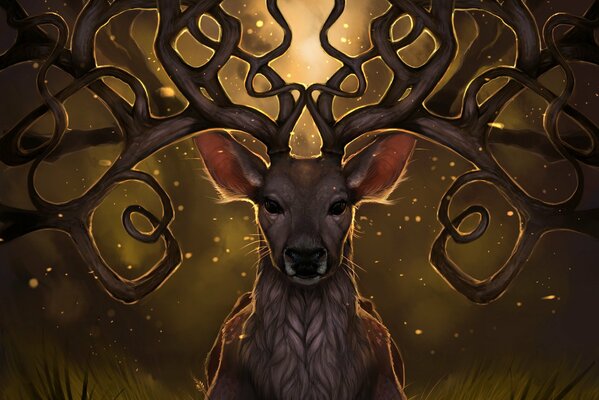 Forest magic: fireflies in the antlers of a deer