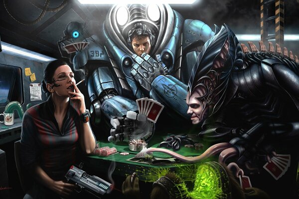 Arte espacial. Una mujer con un arma láser juega cartas y fichas con un robot y con monstruos en trajes espaciales