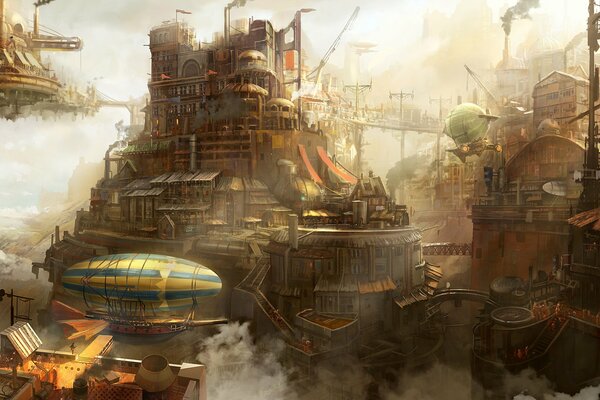 A fantastic city with flying airships