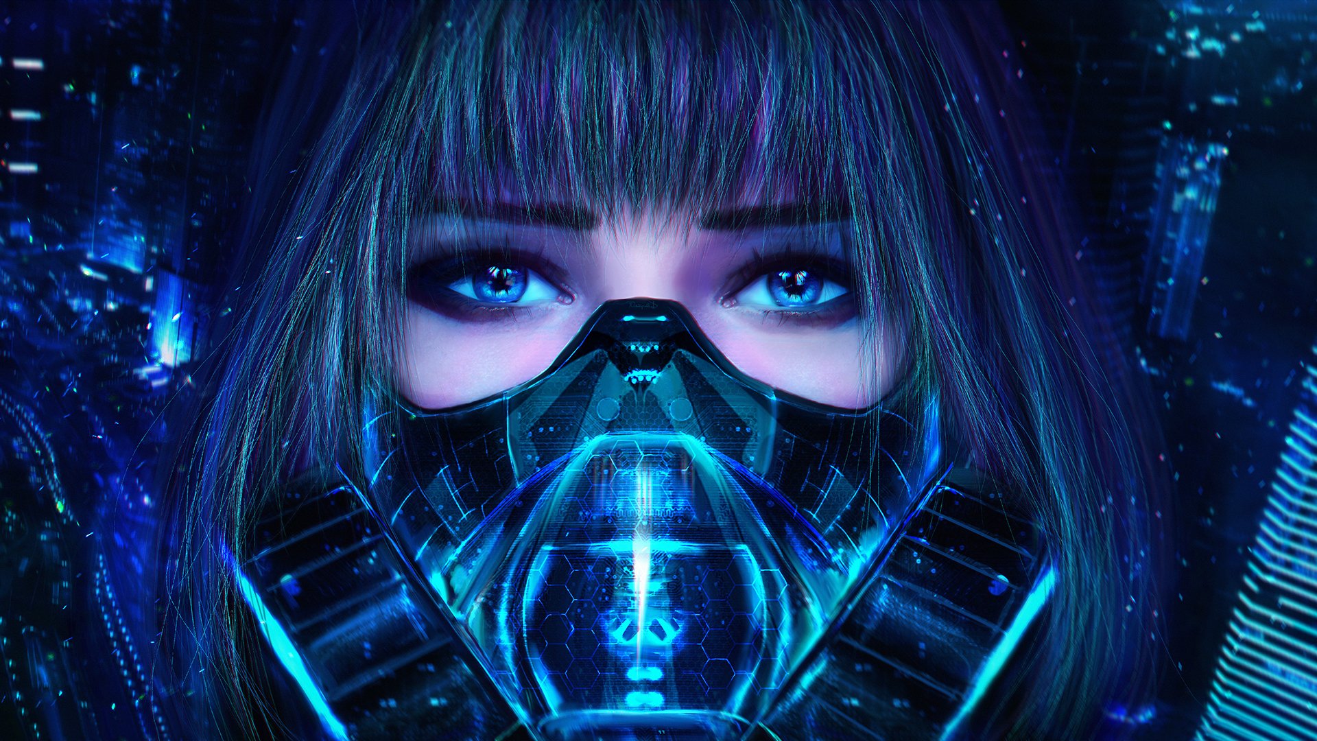 ragazza maschera respiratore occhi vista arte cyberpunk