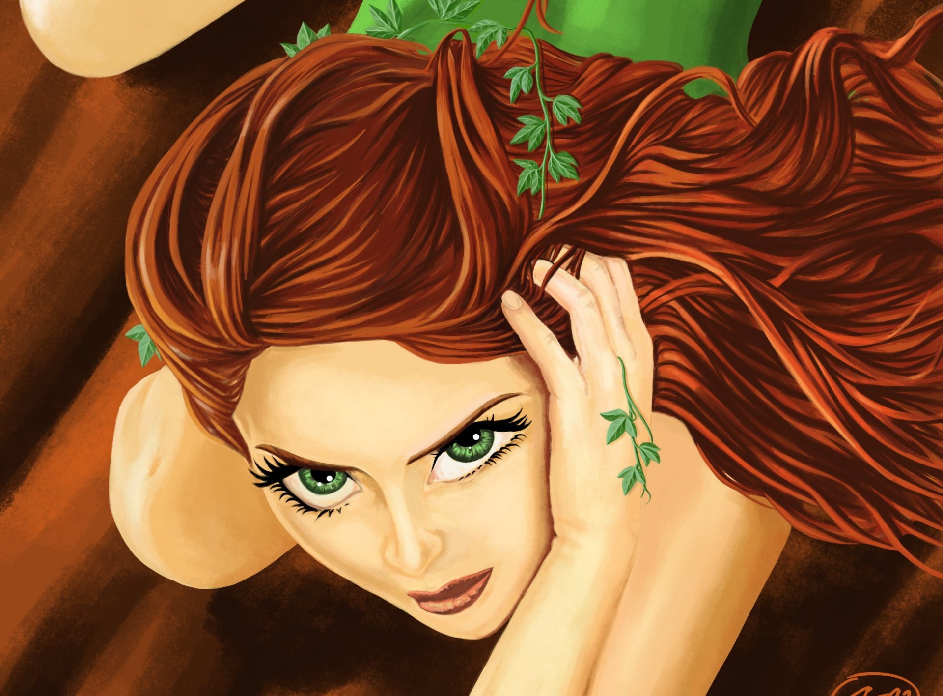 poison ivy dc comics gift pamela lilian isley pamela lilian isley kunst gesicht grüne augen blick haare hände pflanzen