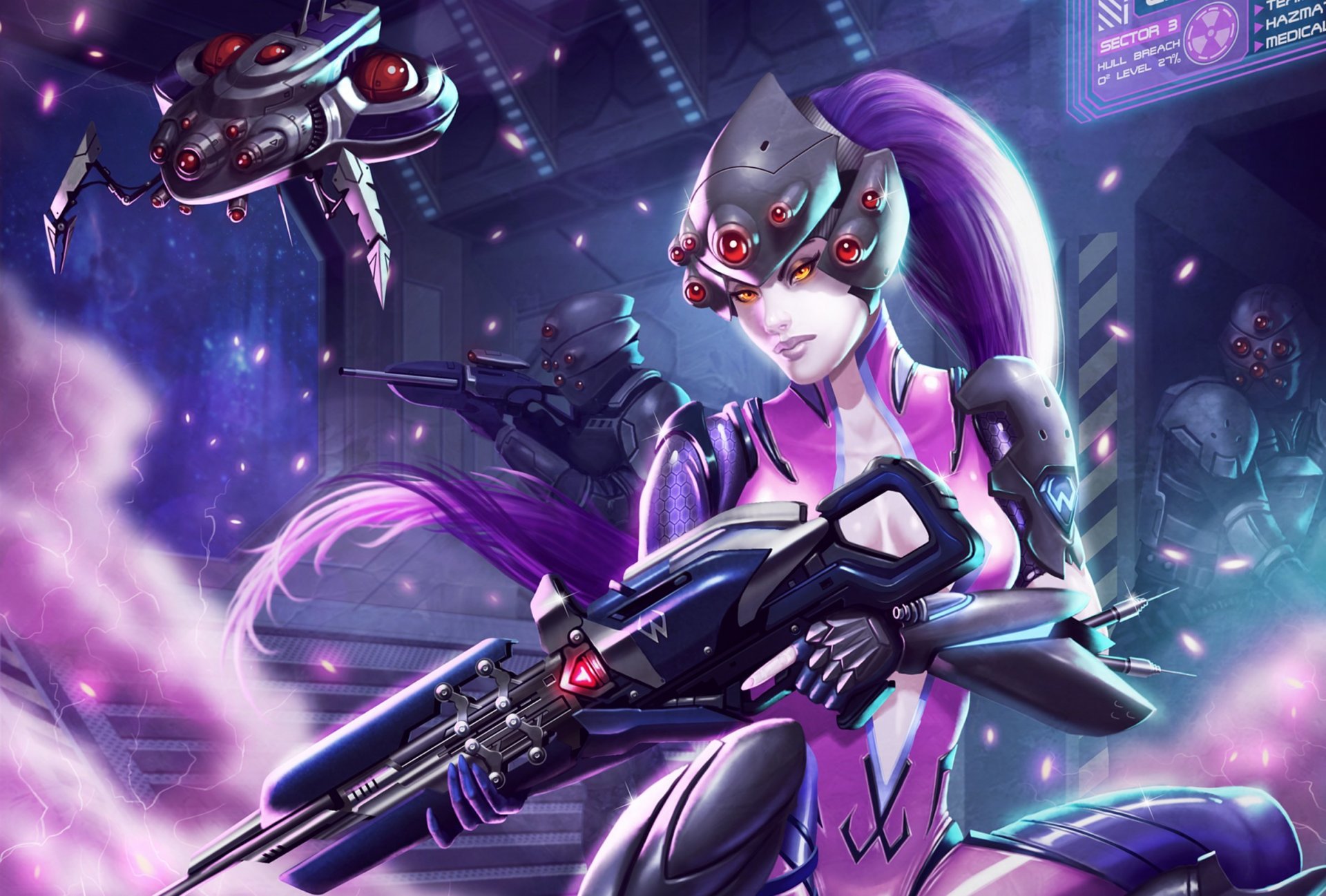 blizzard overwatch widowmaker widow fiction art girl . view suit weapon