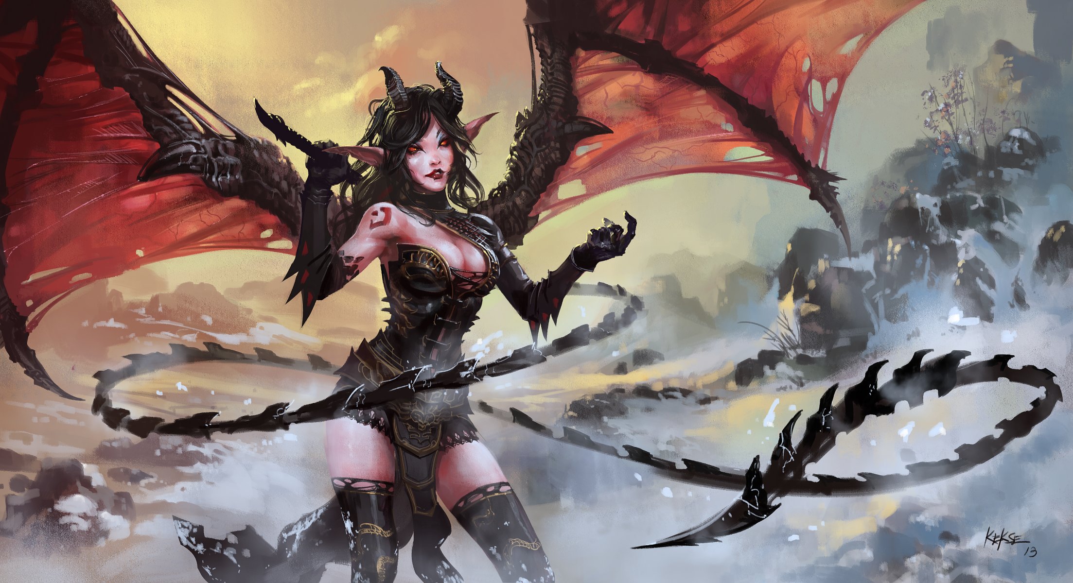 girl demon horn tail wings snow