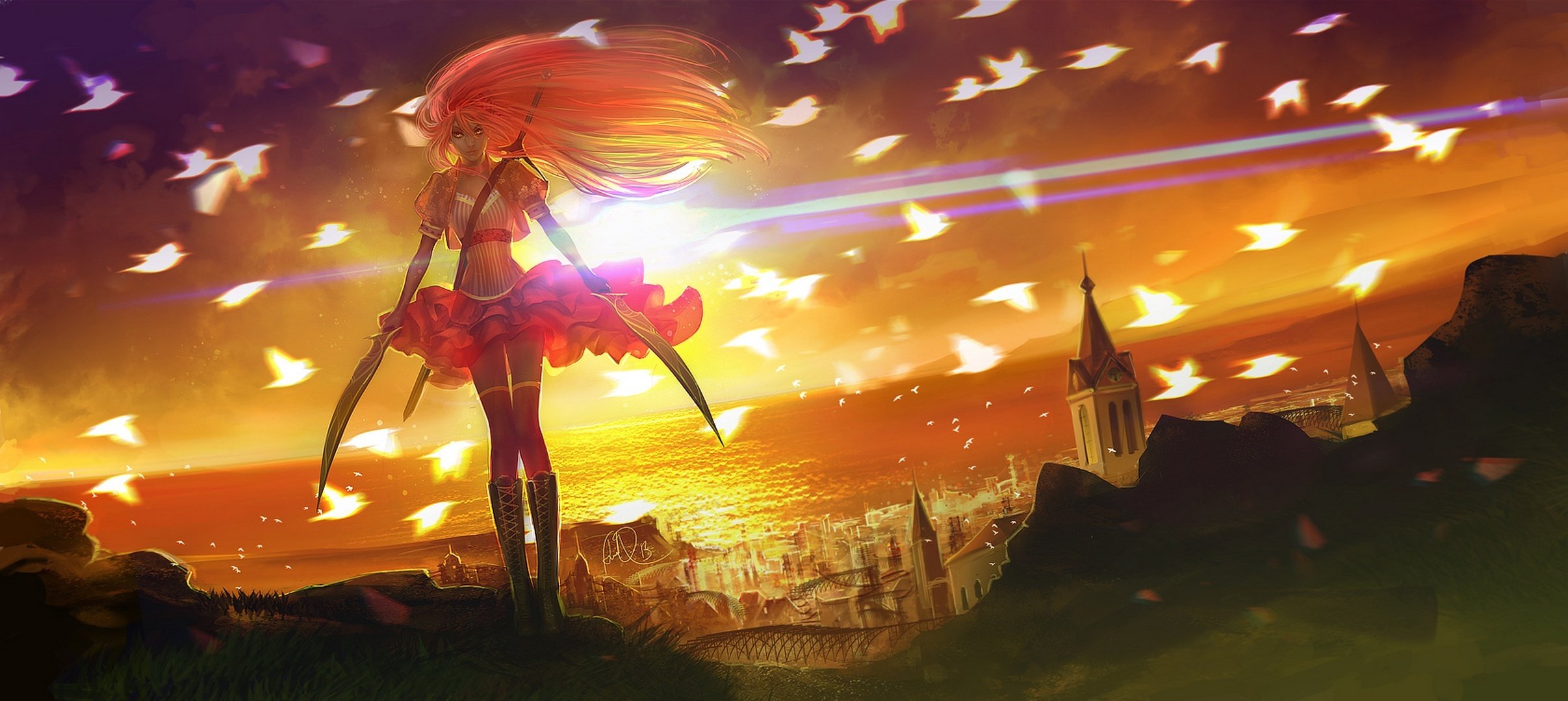 art anndr girl sunset weapon birds town sun ocean sword