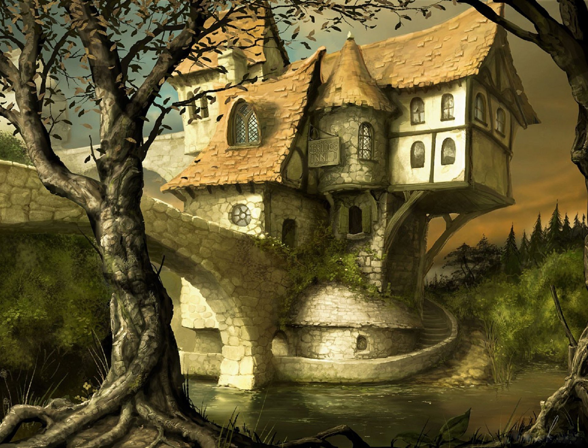 graphiques mondes fantastiques maison de fées château fond brun clair