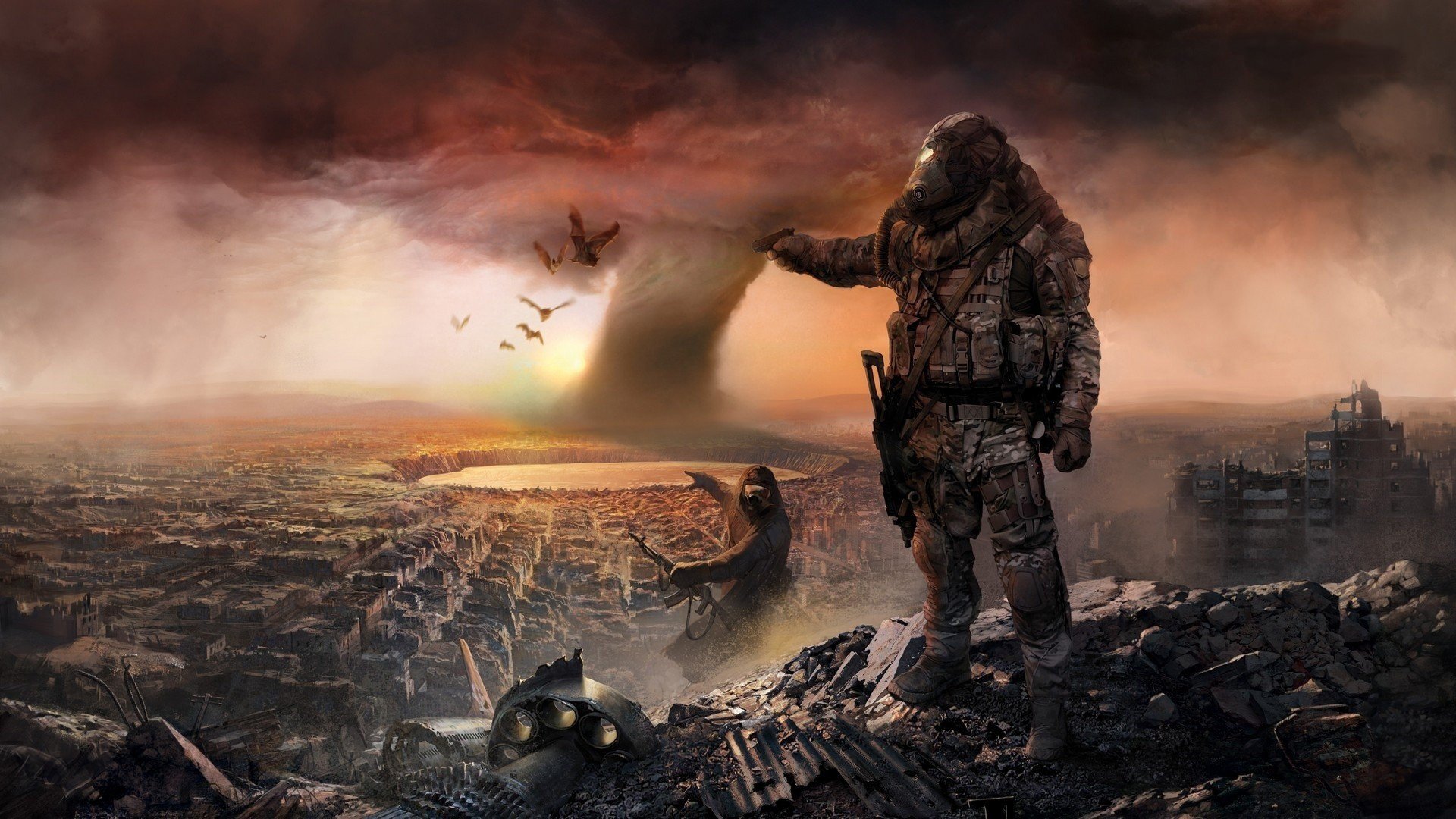 apocalypse tornado city destruction ruins ruins clouds sky clouds panorama equipment soldiers fighters gas mask