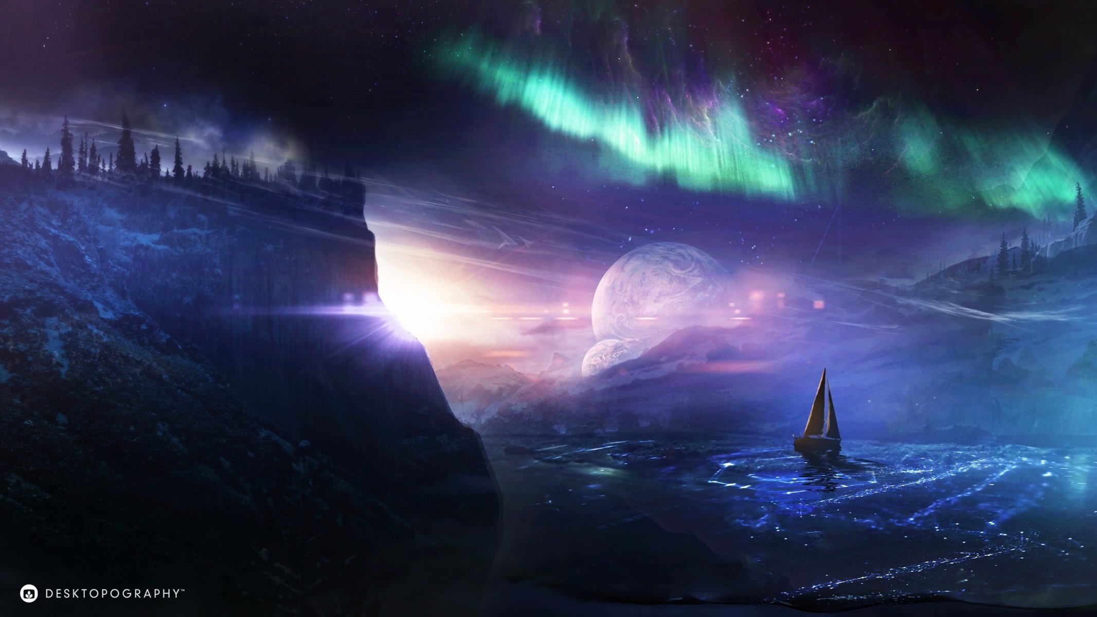 desktopography dreamworld planet ship northern lights water glow