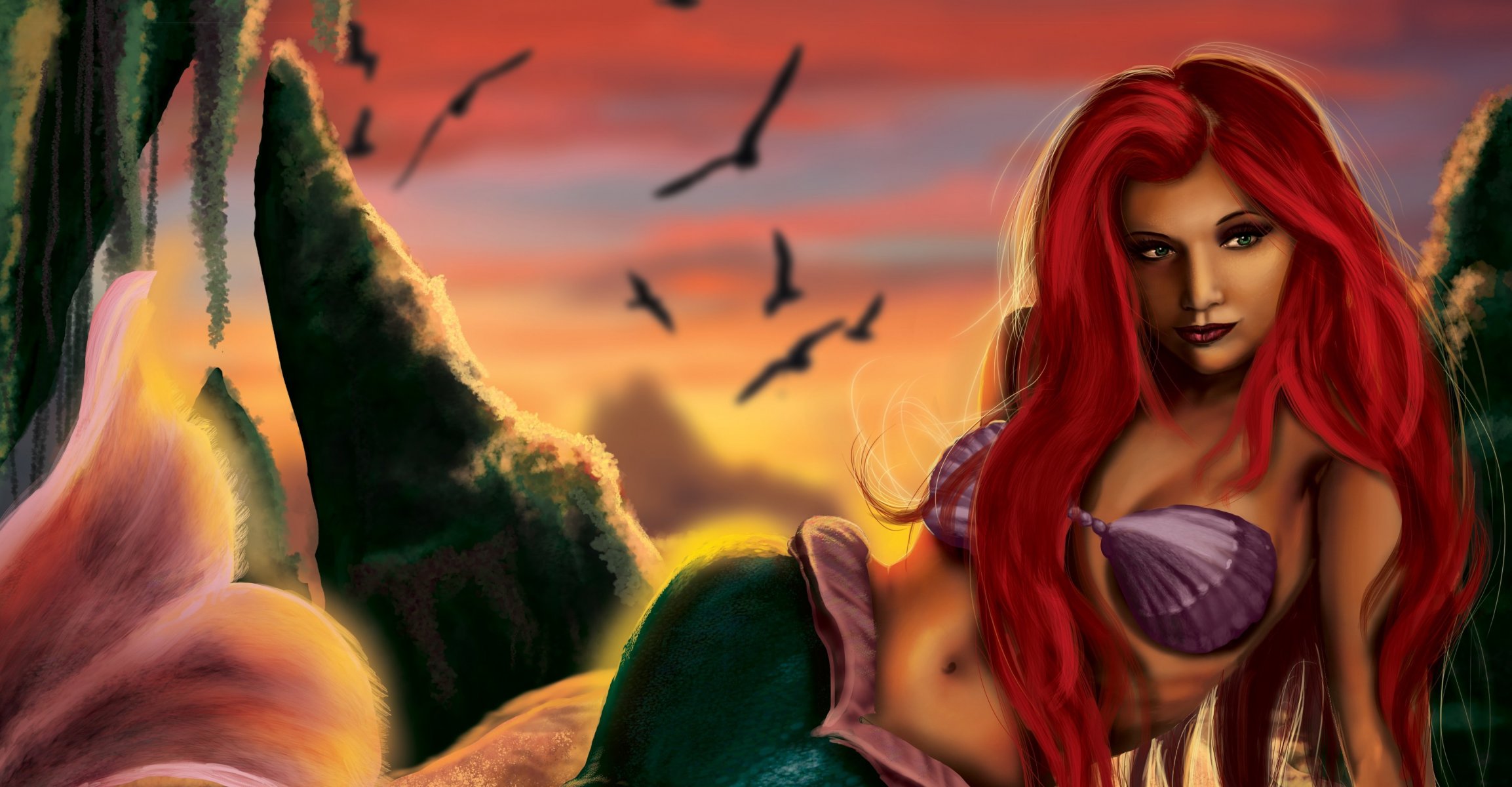 fiction art mermaid red hair view face shells tail fin sky bird