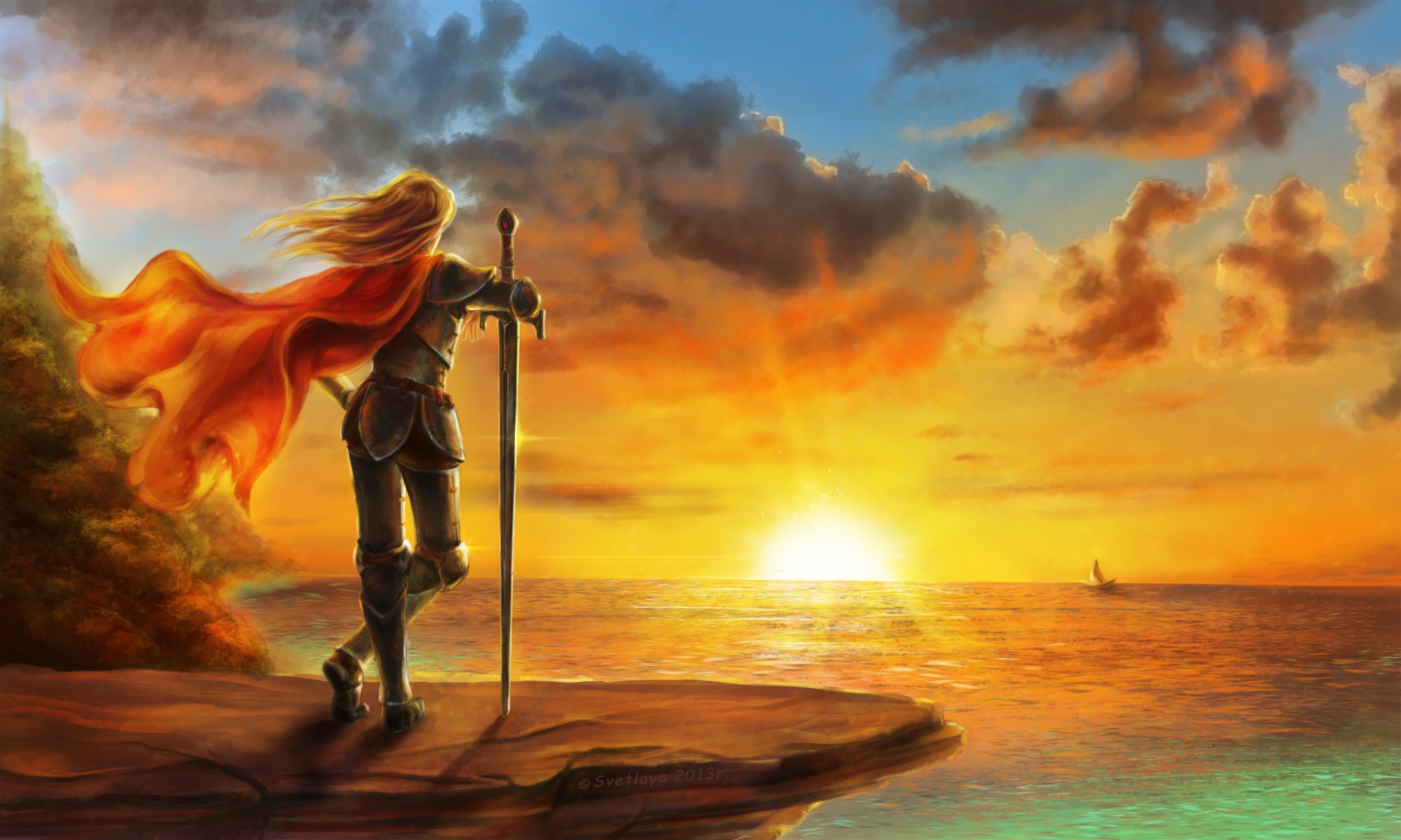 art sunset sea sailboats girl sword coat wind