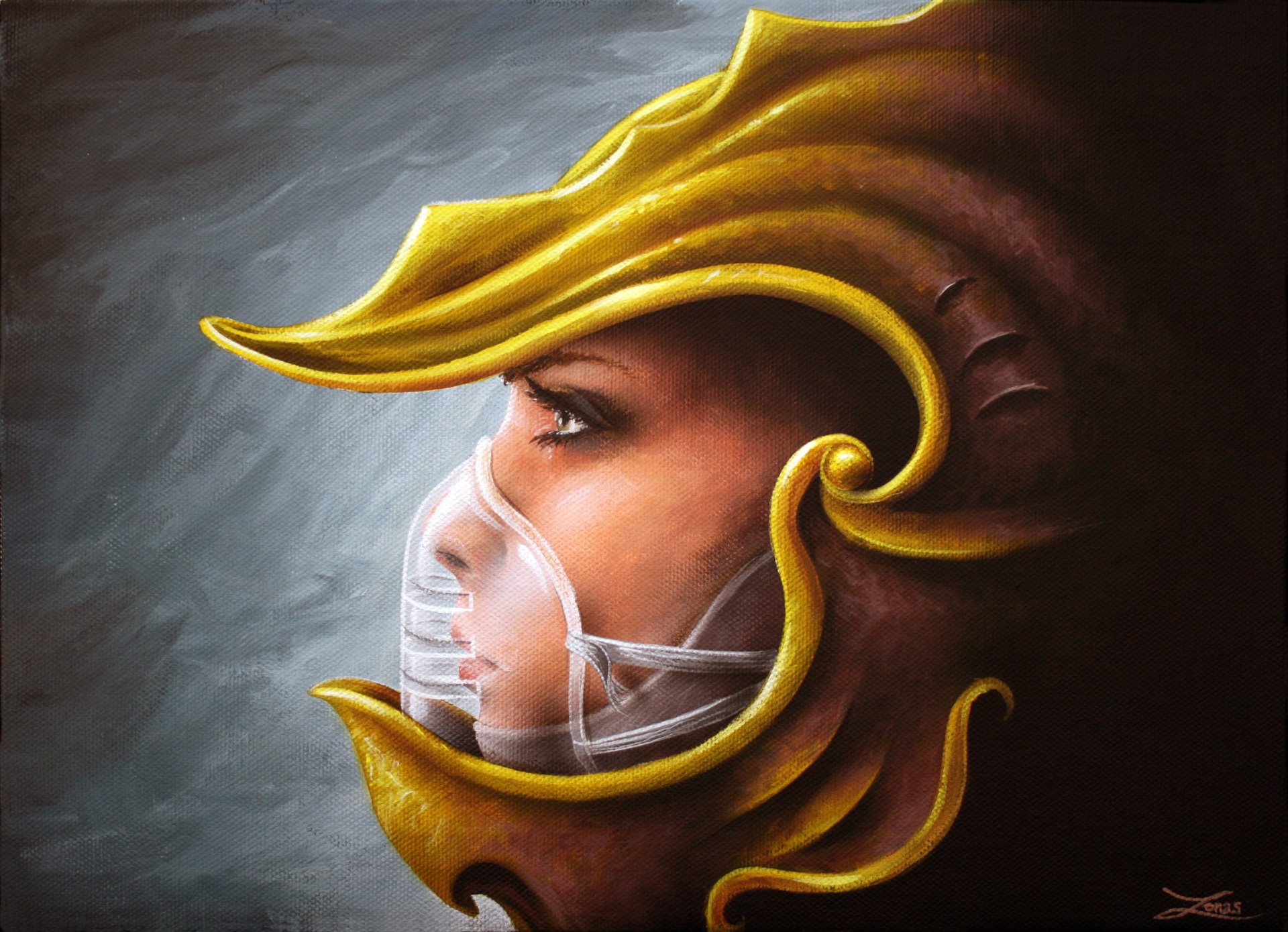 fiction. arte ragazza profilo casco giallo