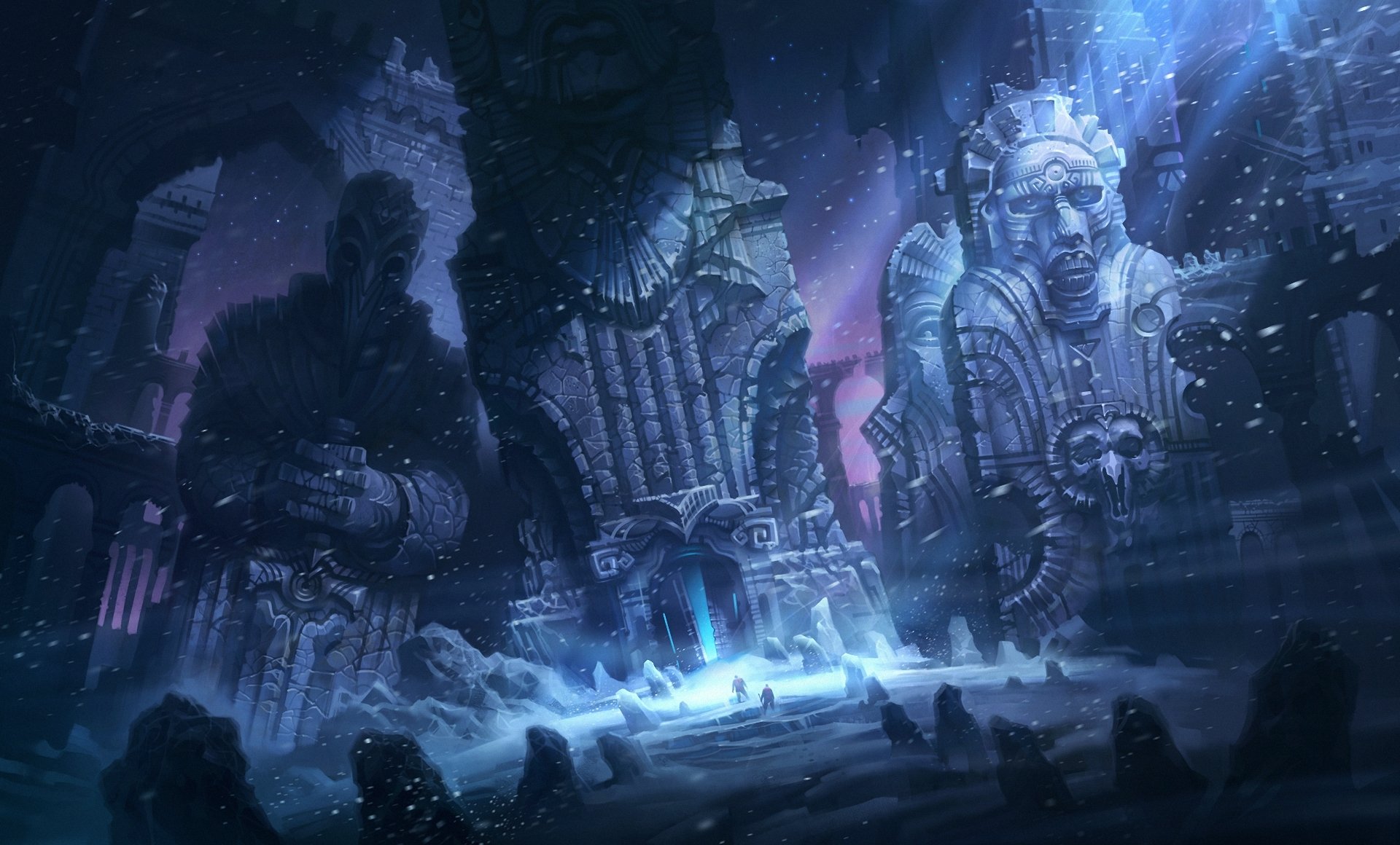 illustrazione di k a nige creste della follia howard lovecraft rovine zram neve persone pietre notte bufera di neve