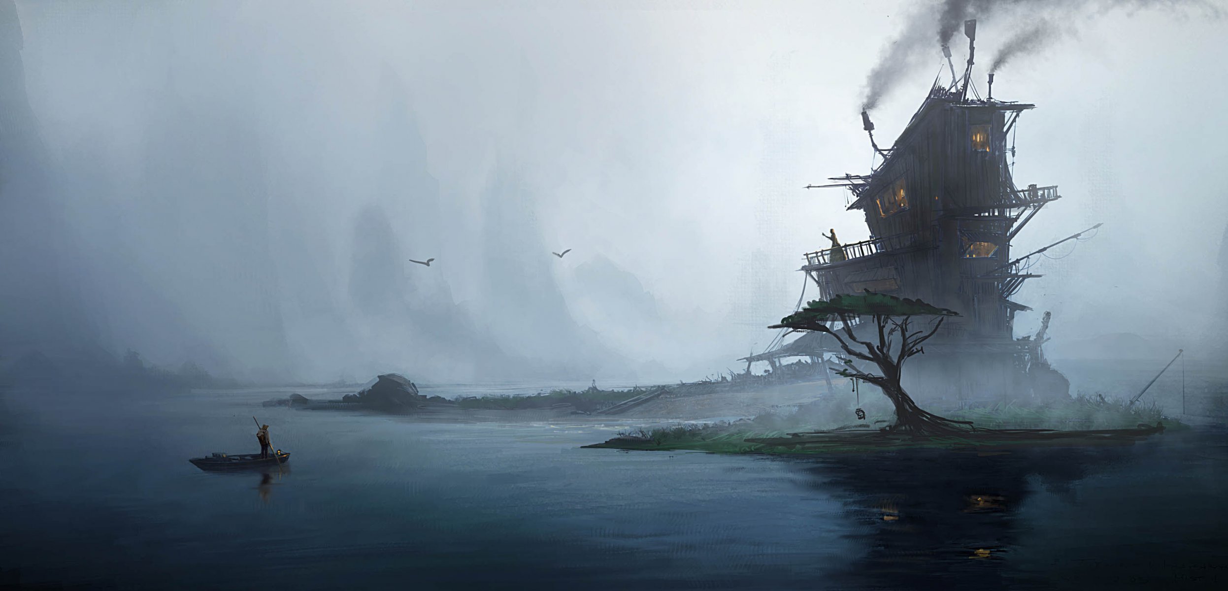 emmanuel shiu art boat people house tree fog