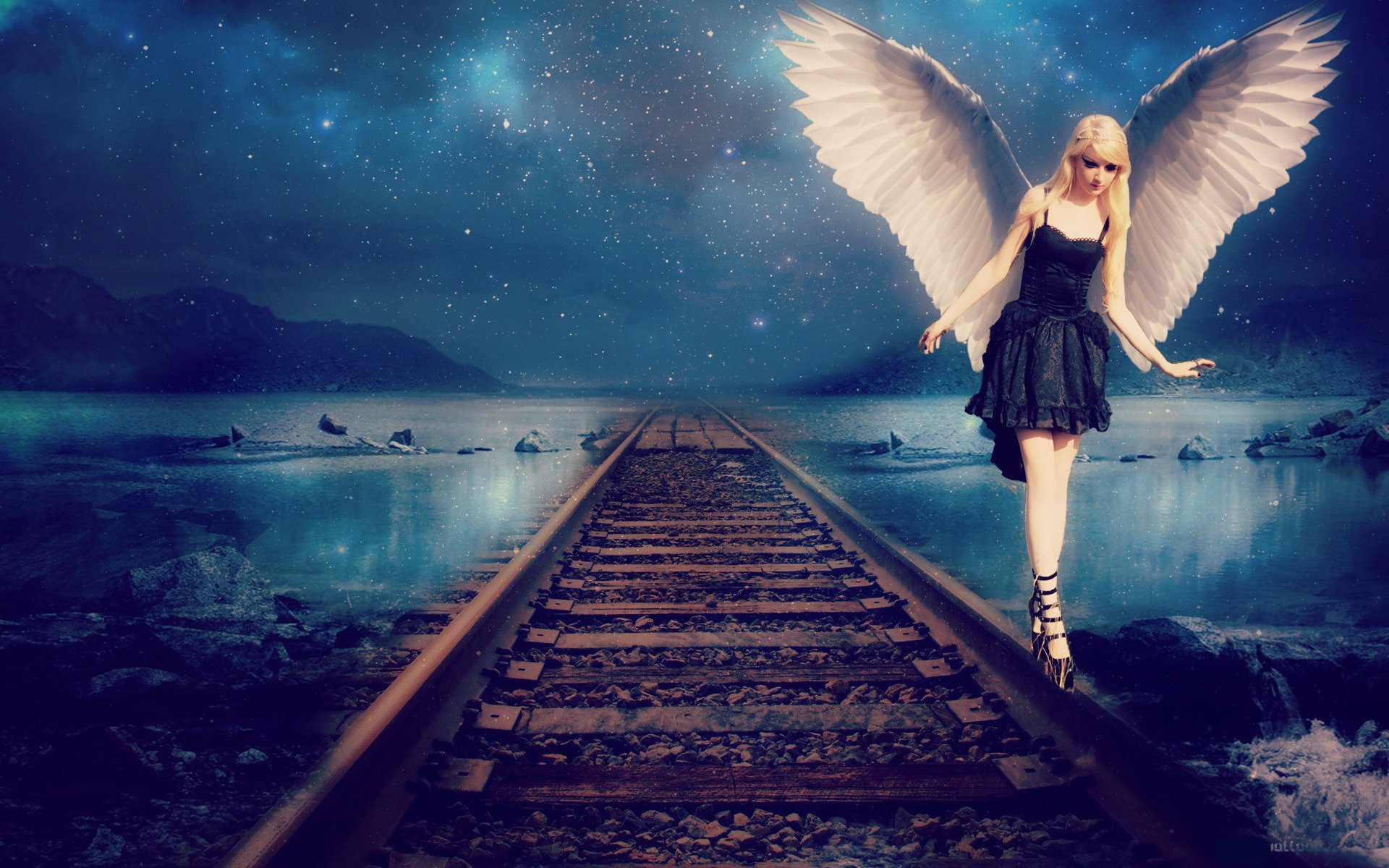 girl angel wings dress black rails sky star