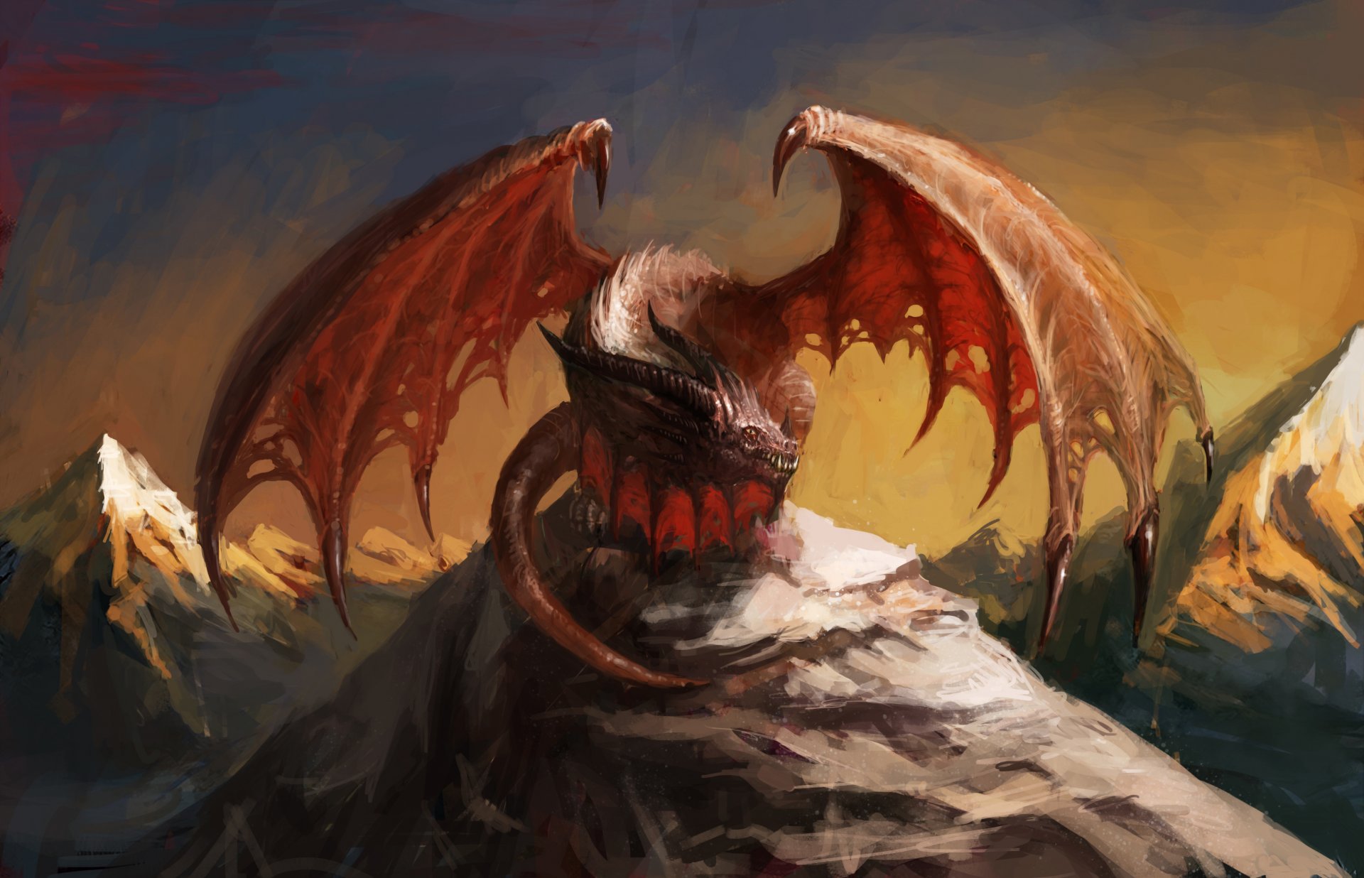 fiction art dragon rouge cornes ailes bouche vue griffes queue montagnes ciel