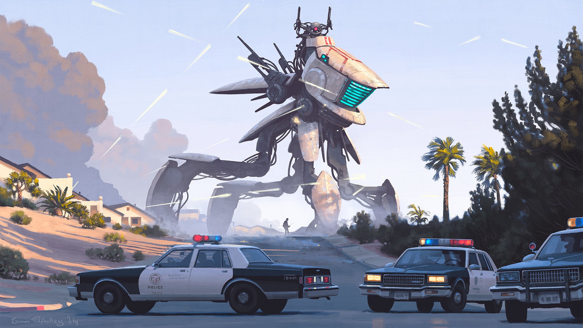 imon stålenhag simon stålenhag künstler kunst fantasie roboter polizei beschuss hütten