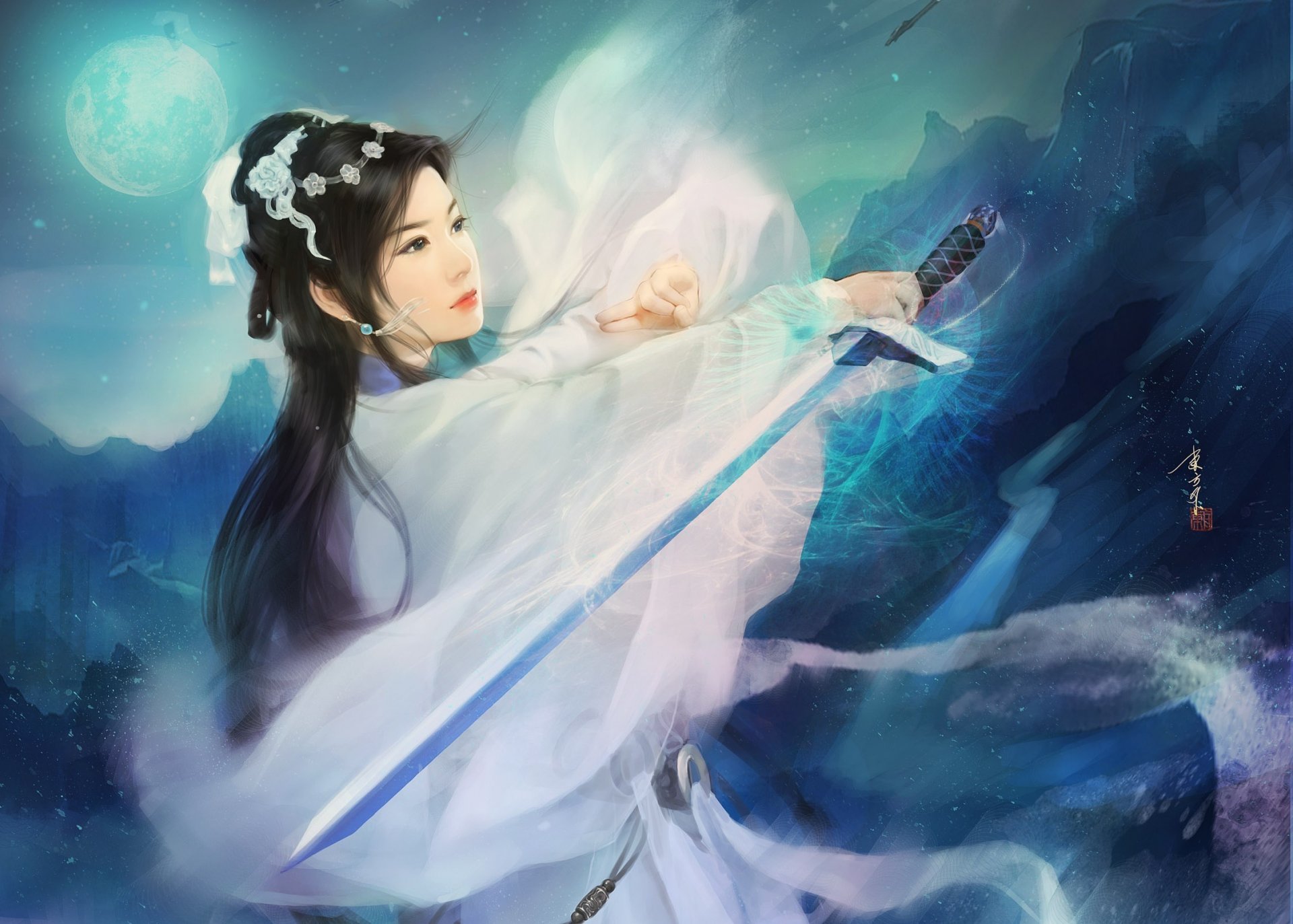 arte spada ragazza asiatica kimono luna notte montagne