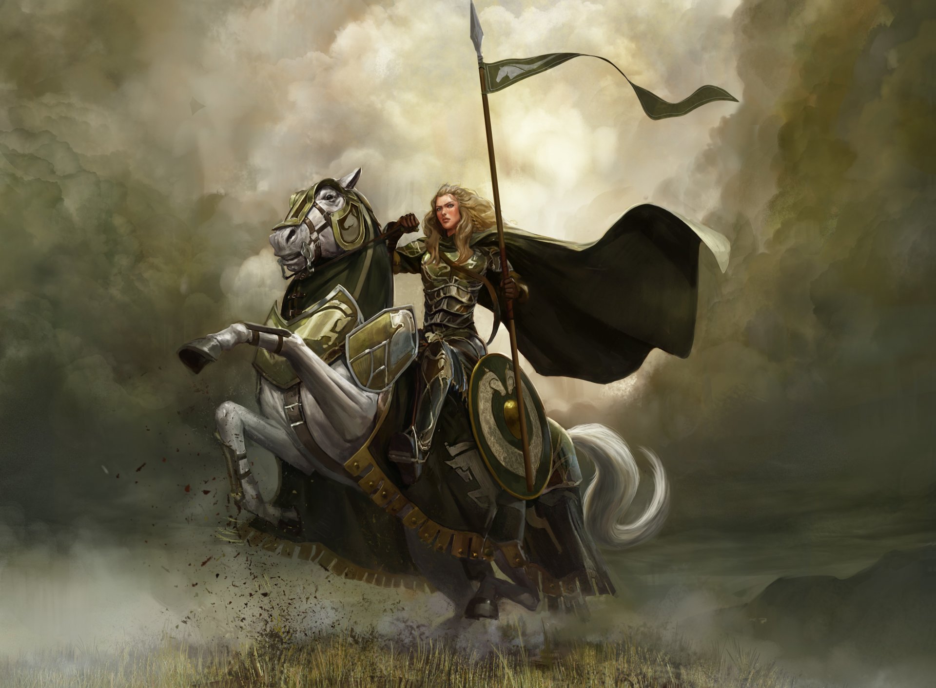 art lord of the rings horse rider girl spear standard armour shield cloud