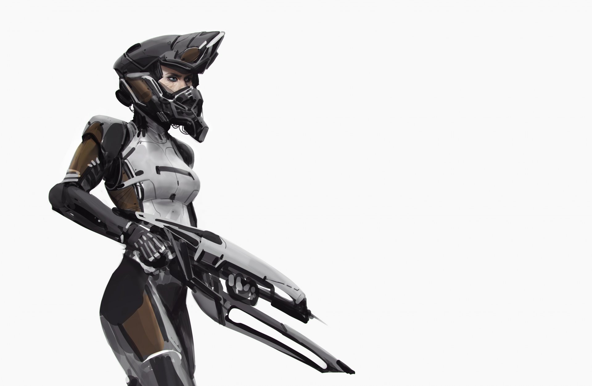 ci-fi art fiction girl helmet suit weapon background