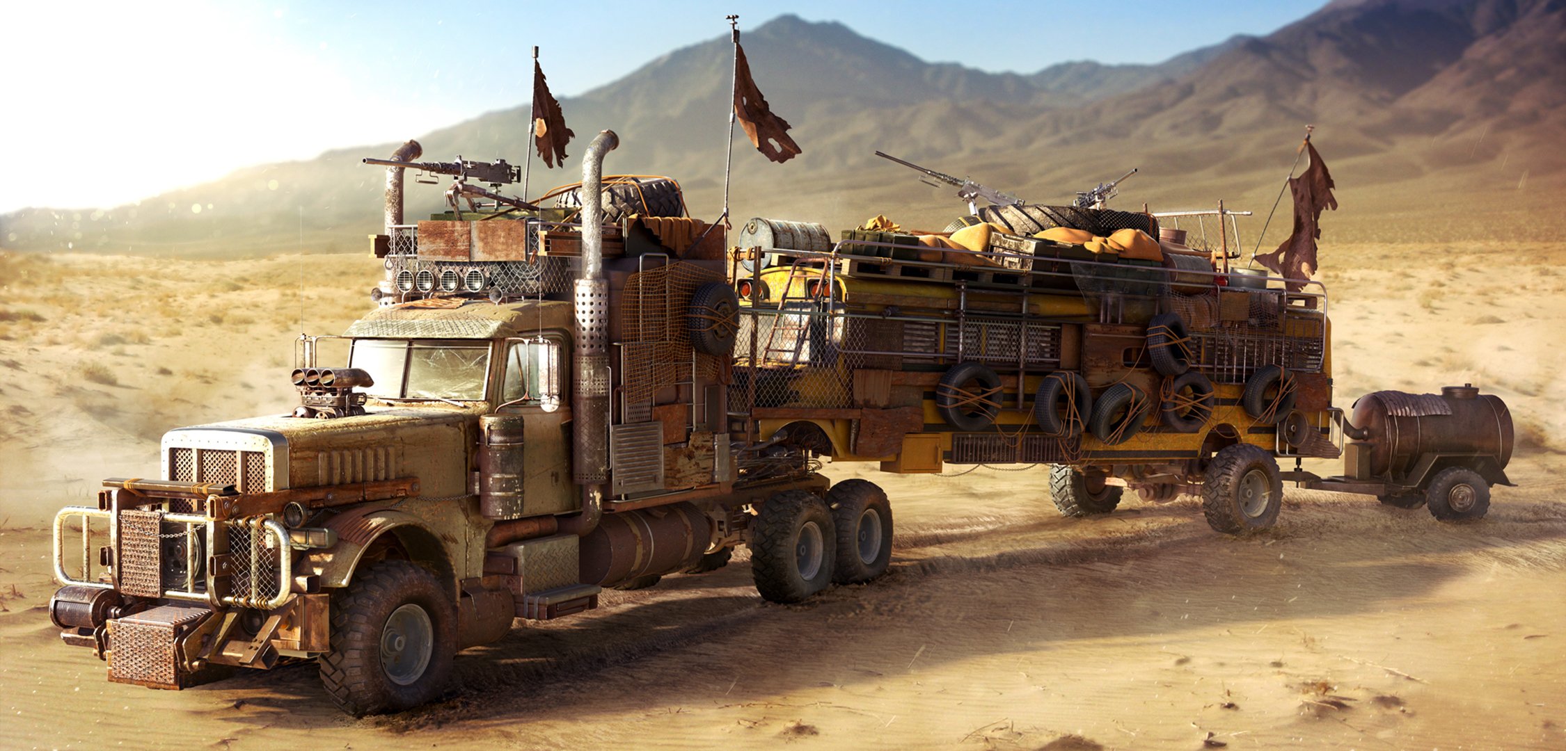 fallout school bus truck wasteland desert postapocalyptic bu