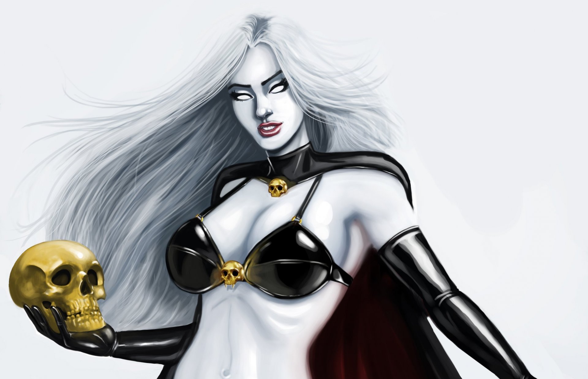 lady death fantastyka sztuka spojrzenie białe oczy włosy czaszka komiks