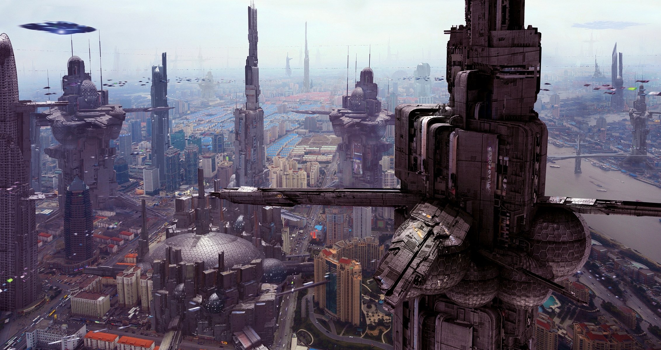 città futuristica 6 scott richard metropoli futuro sci-fi fantasy grattacieli guglie torri cielo nuvole aircars città futuro fantascienza edifici aerocar auto pista aerea