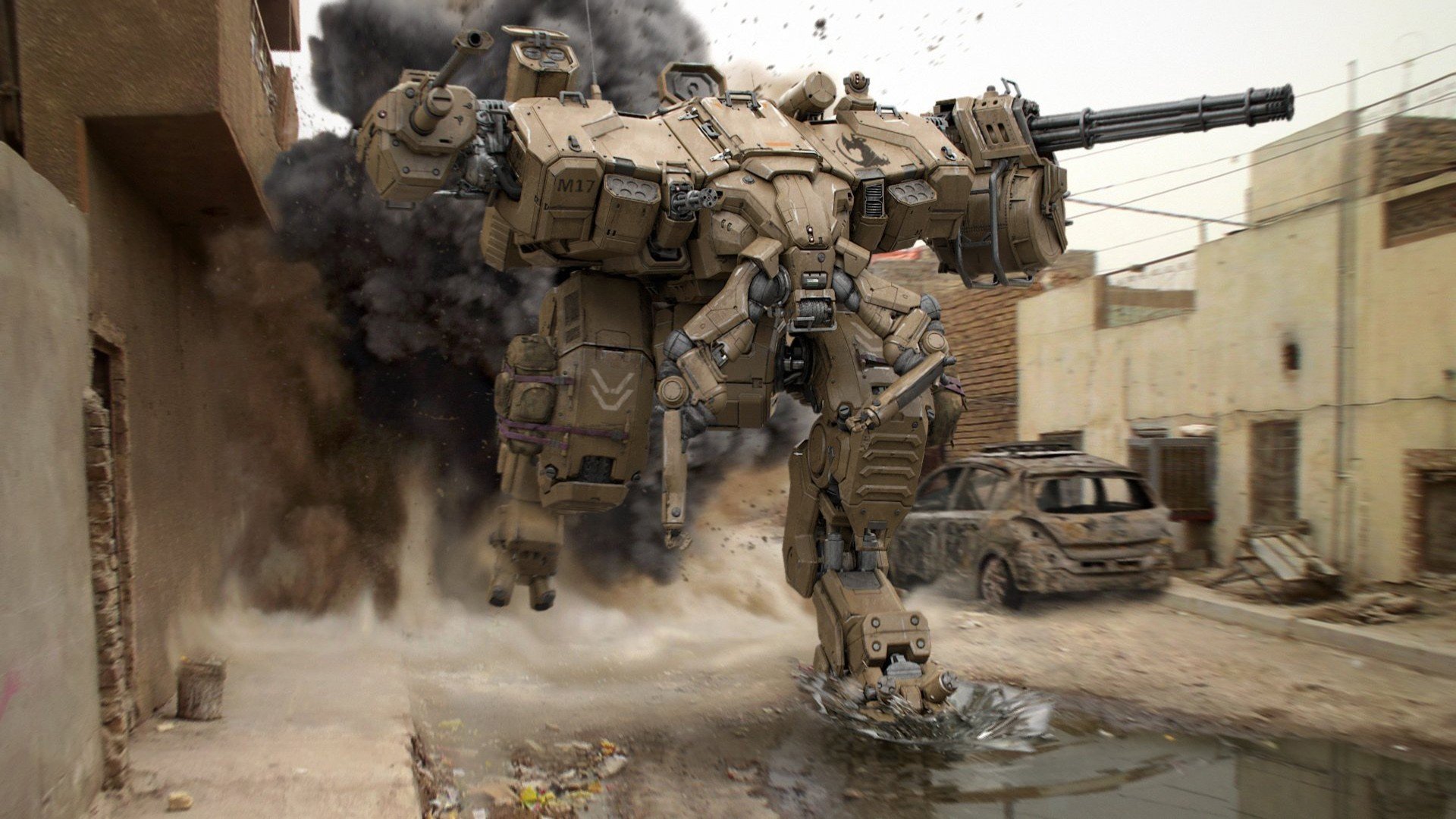 future war robots street smoke pools ruin