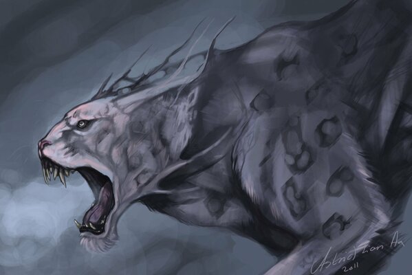 Potwór drapieżnik podobny do kota z otwartymi ustami rysunek z profilu