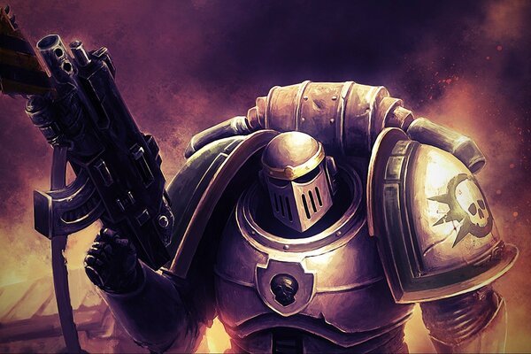 Warhammer 40.000, un eroe con armatura ed Elmo