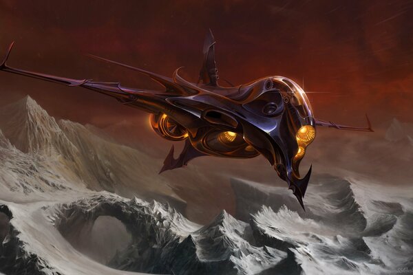 Sky-fi ship flying on mountainous snow-covered terrain