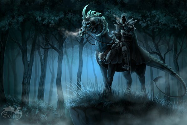 A dark rider on a ghostly horse in a misty forest