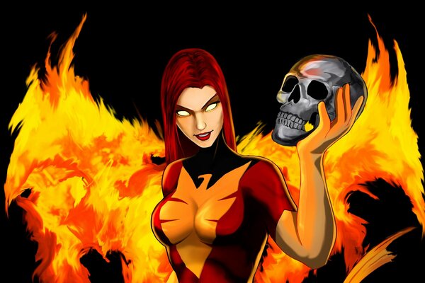 Dark phoenix with a skull in his hand