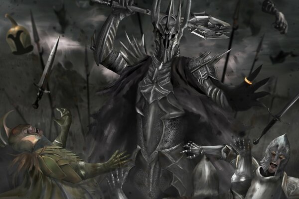 Sauron de el Señor de los anillos con una maza en la batalla