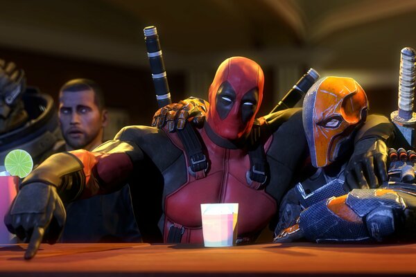 Deadpool sitting at the bar