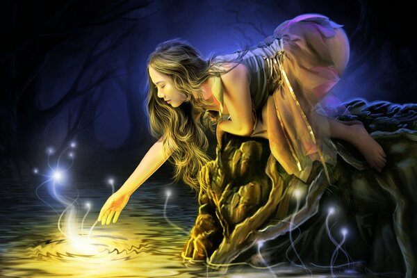 Fantasy, fille aux cheveux longs, ruisseau forêt nuit lucioles