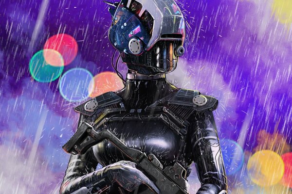 A girl with a gun in an armored suit in the rain on a lilac background