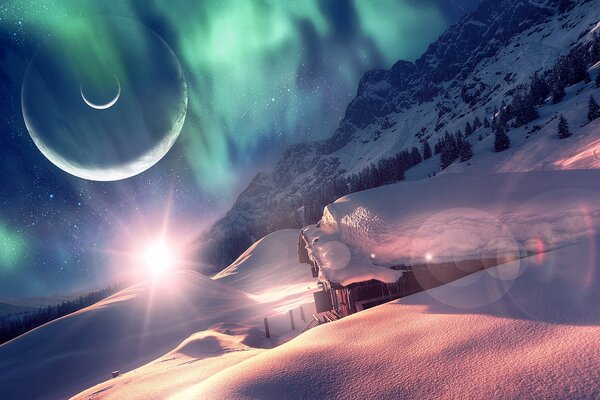 Snow-covered slope against the background of the Northern lights