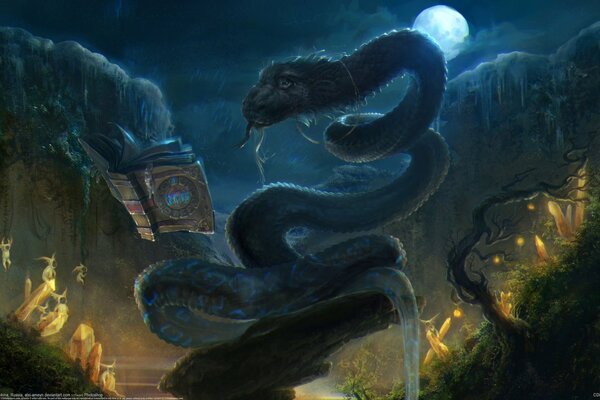 Serpent magique avec un livre à la lune