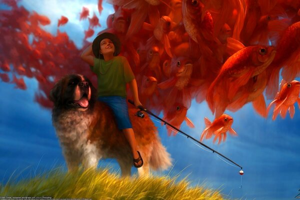 The boy is a fisherman, he has a dog and a fishing rod