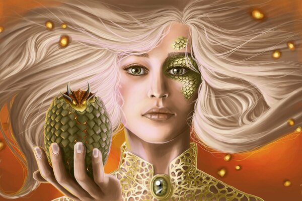 A girl with piercing eyes holding a dragon egg