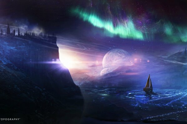 A ship against the background of the Northern lights