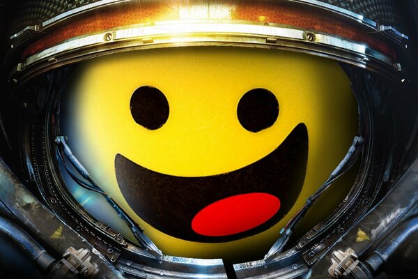 A yellow smiley face in a spacesuit smiles